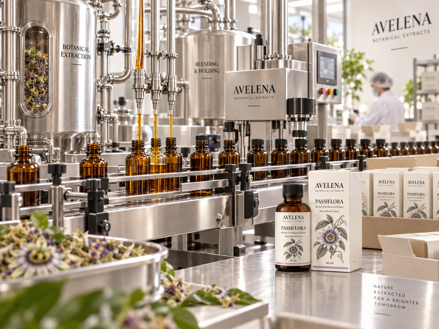 AVELENA botanical extract production and amber bottle filling